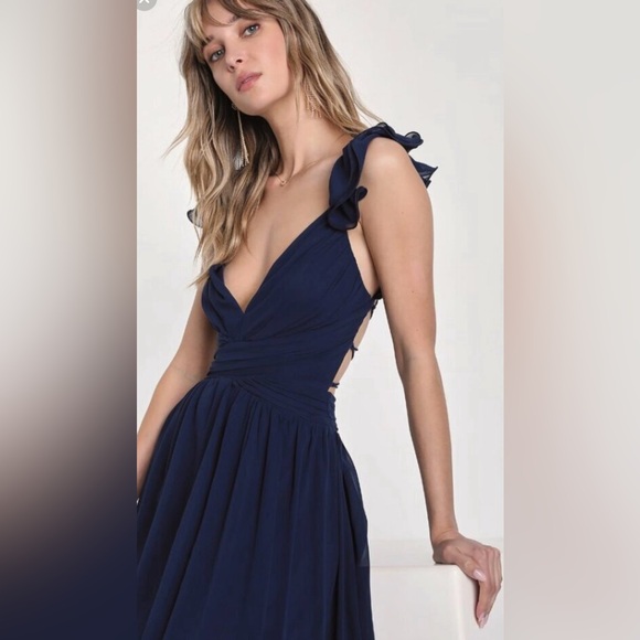 Lulu’s Navy Blue Lace Up Ruffle Maxi Dress-Size Medium - Picture 2 of 12